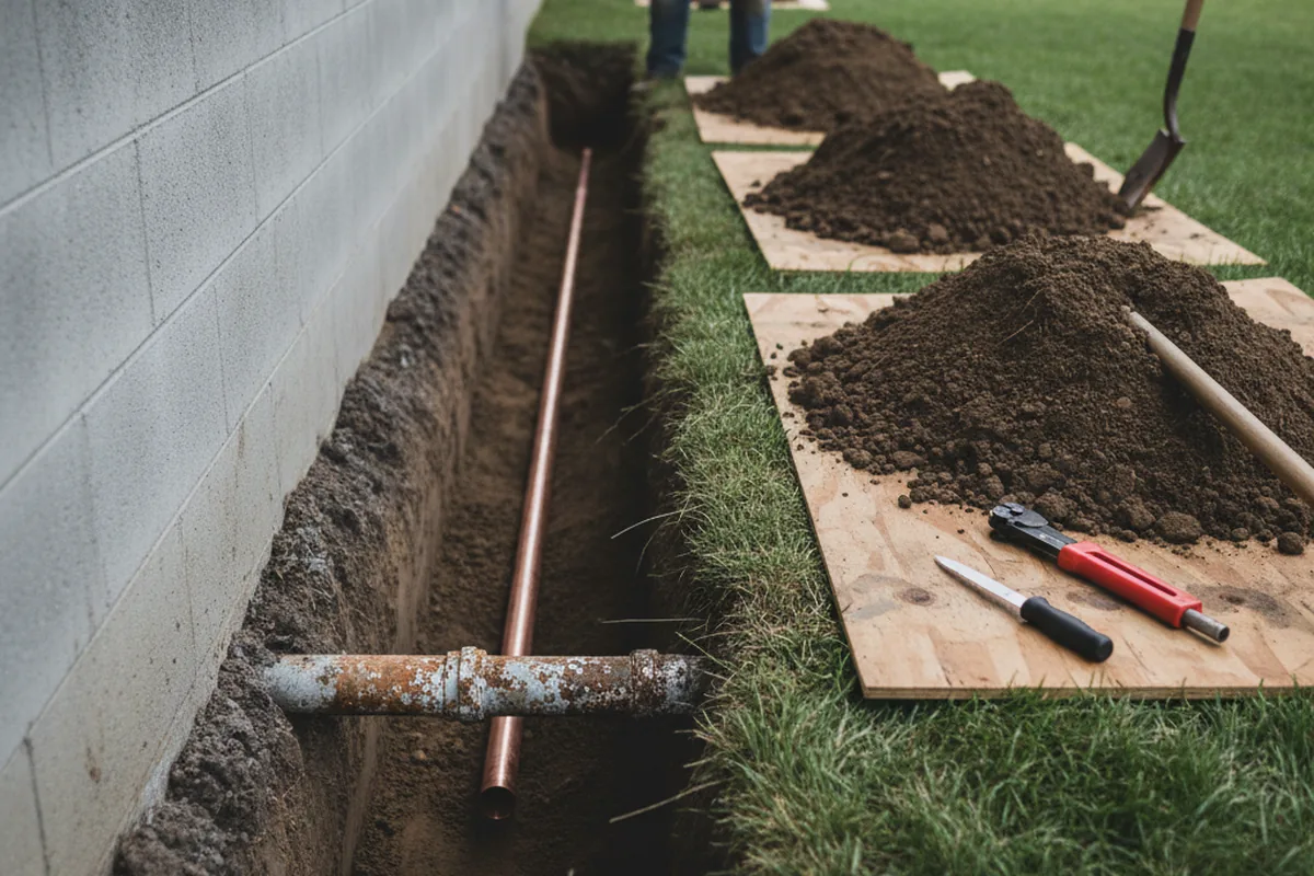 Excavated water line trench during Sewer Line Repair in Logansport
